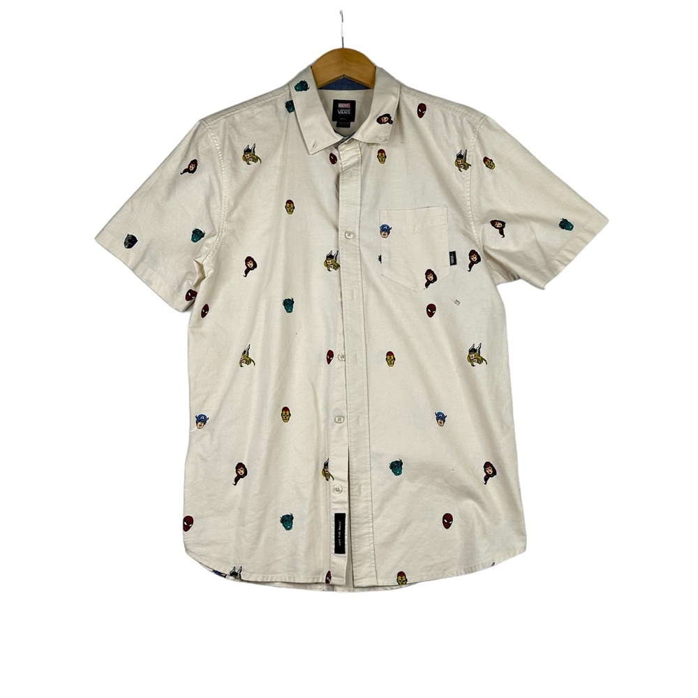 Vans Marvel Houser Avengers Shirt Mens Beige Short Sleeve Button Down Size Small